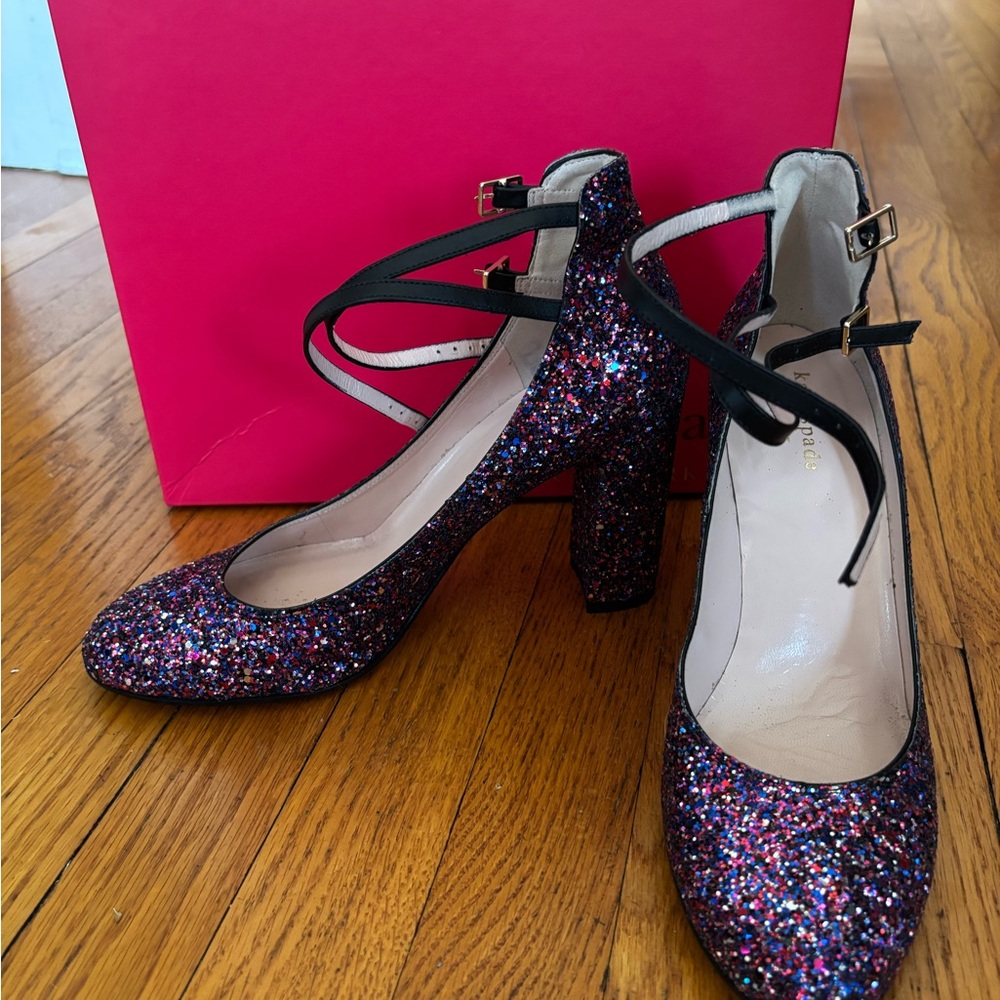 Kate Spade Glitter Multicolor Purple Blue Red Women's Block Party Heels